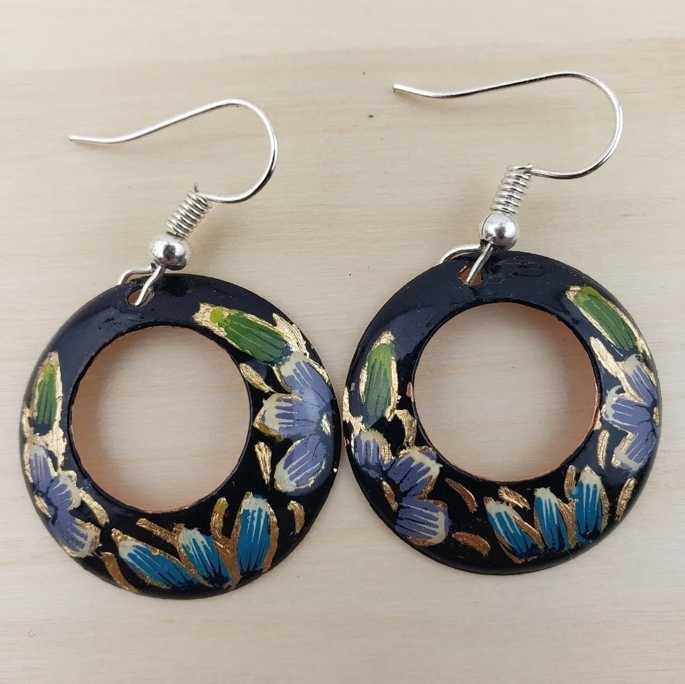 HANDMADE Dangle Earrings Mexican Copper Hand Painted Black Floral Earrings